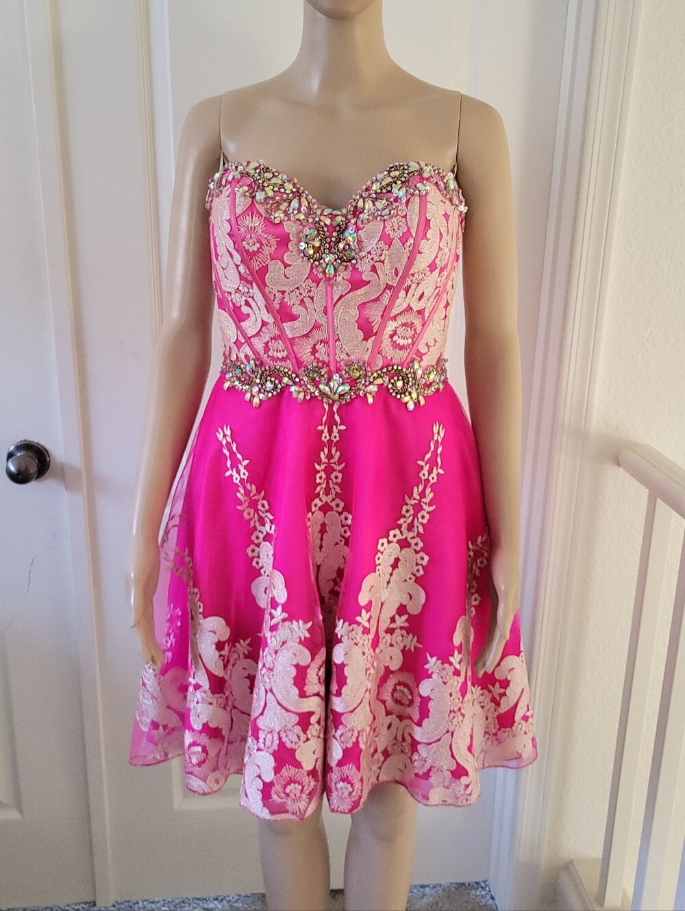 Tony Bowls Hot Pink and Cream Embroidered Strapless Party Dress Size 6